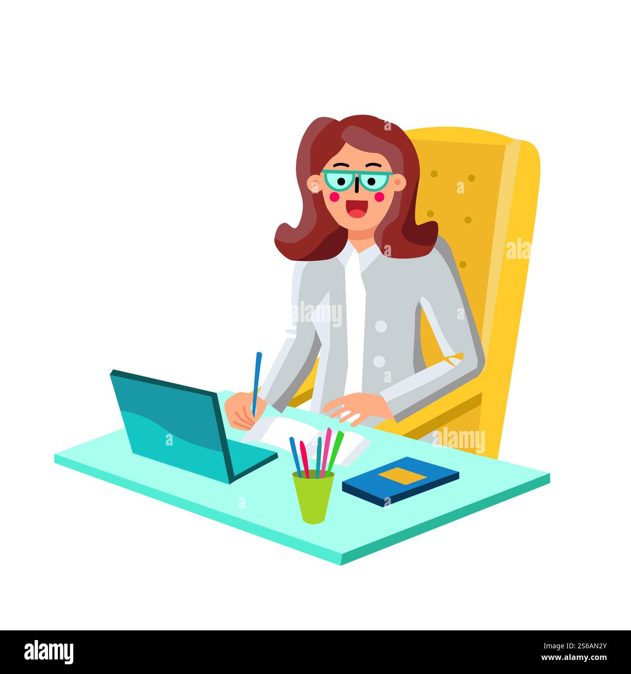 Wirtschaftswissenschaftlerin, Geschäftsfrau, Die An Laptop-Vektor Arbeitet. Junge Frau Wirtschaftswissenschaftlerin Financier Sitzt Auf Dem Bürostuhl Und Arbeitet Mit Computer. Figur Business Workplace Flat Cartoon Illustration. Wirtschaftswissenschaftlerin, Geschäftsfrau, Die An Laptop-Vektor Arbeitet Stock Vektor