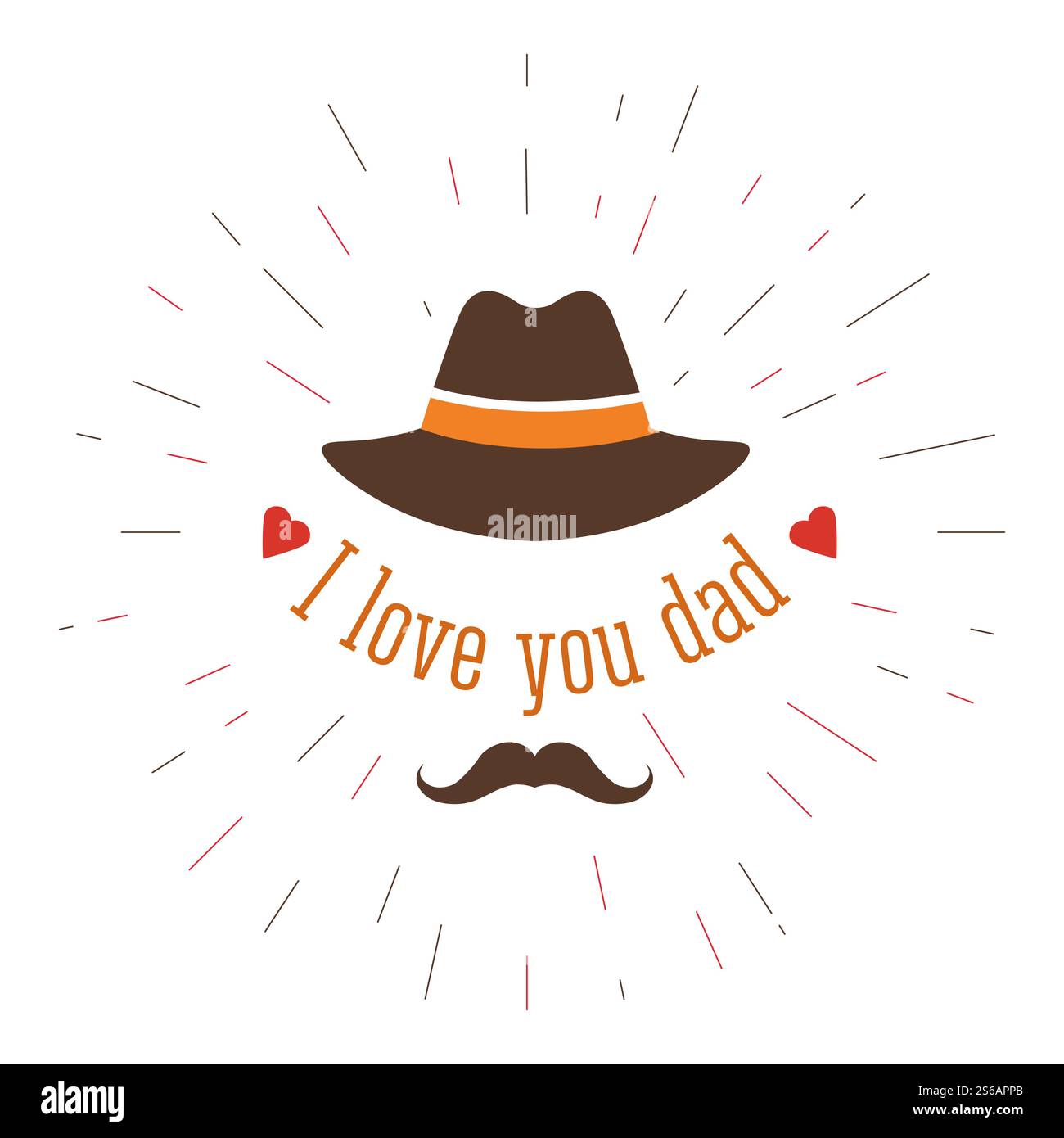 Vatertag oder Vatertag isolierte Ikone Familienmitglied oder Elternteil Liebe und Wertschätzung Vektor Retro Schnurrbart und Hut Herzen Daddy Gruß und Glückwunsch Kopfschmuck Emblem oder Logo Feier.. Love Dad Vathers Day isolierte Ikone Schnurrbart und Hut Stock Vektor