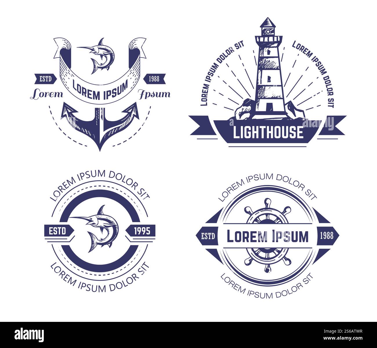 Marine- oder nautische Symbole isolierte Symbole Vektoranker und Rührrad Leuchtturm Marlin und Leuchtfeuer einfarbiges Emblem oder Logo unter Wasser, Tiere Suchscheinwerfer und Schiffsteile Fisch und Bau. Nautische oder Marine Symbole und Fische isolierte monochrome Symbole Stock Vektor