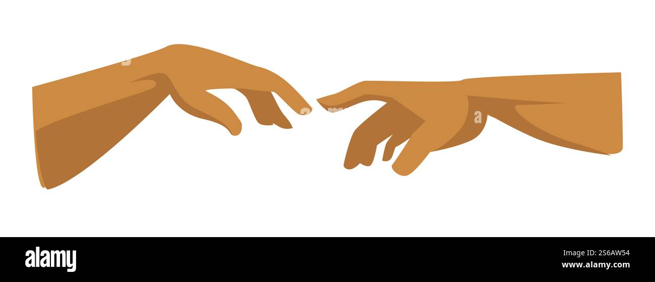 Symbol der antiken Epoche Renaissance Bildelement menschliche und Gott Hände Vektor Schaffung von Adam Kunst Geschichte und Kultur Geschichte. Heritage Sixtinische Kapelle Deckendetail Palmen, die sich gegenseitig erreichen. Renaissancesymbol Bildelement Mensch- und Gott-Hände Stock Vektor