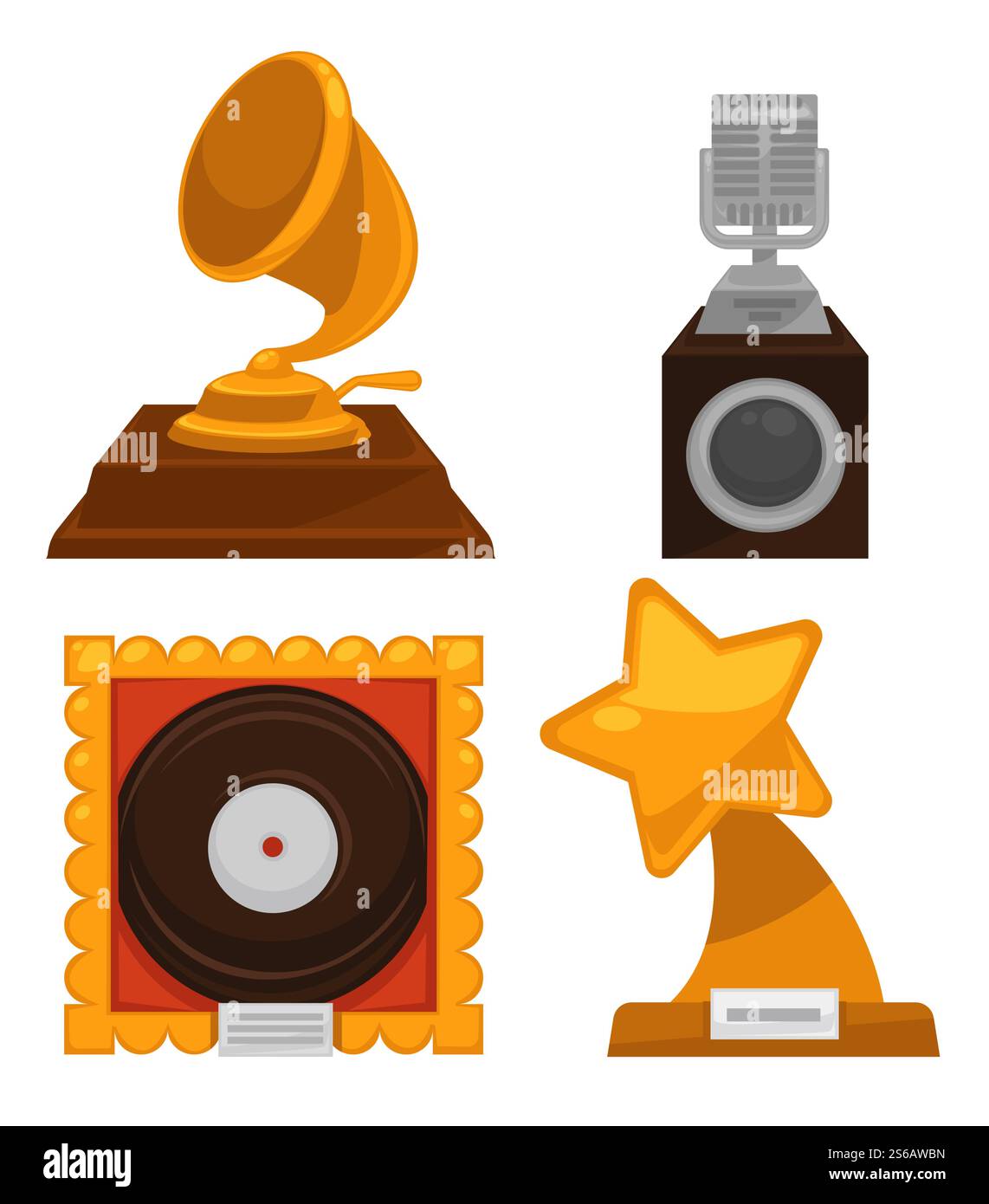 Grammophon und Retro-Mikrofon Vinyl-Disc und Sterneform Gold Trophäen Cups Vektor Musik Auszeichnung oder Belohnung isolierte Objekte Musikkunstwettbewerb oder Wettbewerb Bester Song-SchallplattenSänger oder -Kompositor. Musikpreis alte Trophäentassen isolierte Objekte Stock Vektor