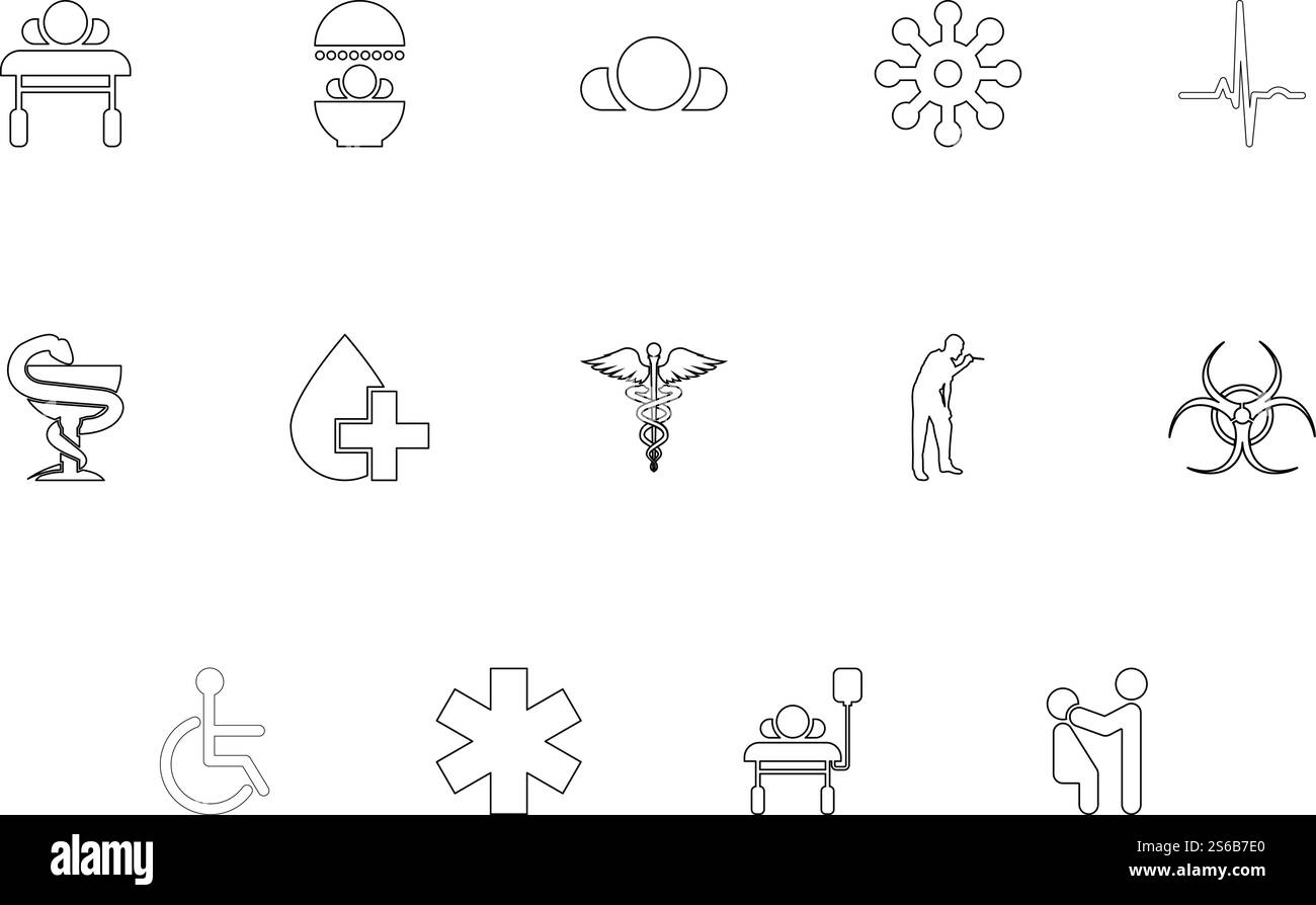 Medizinisches Symbol Behandlungskonzept Umriss schwarze Farbe Set Solid Style Vektor Illustration. Medizinisches Symbol Behandlungskonzept Umriss Schwarzes Farbset einfarbiges Bild Stock Vektor