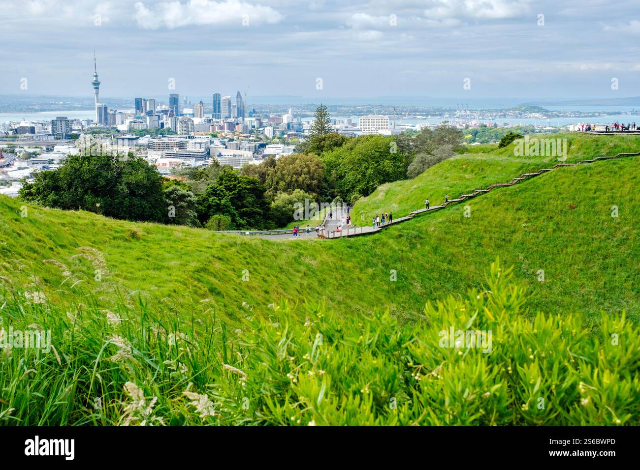 Blick auf die Skyline von Auckland vom Mount Eden, den berühmten Skytower und die Gebäude des zentralen Geschäftsviertels in der Innenstadt, Neuseeland. Stockfoto