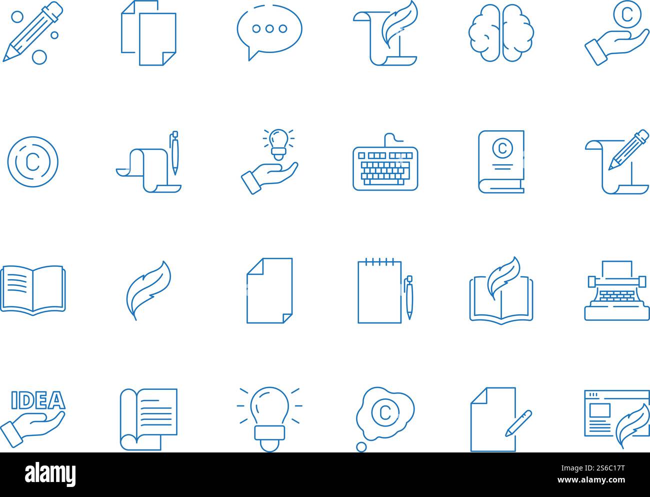 Copywriting-Symbole. Autoren Werkzeuge Bücher Hand Stift artikel Ideen Bloggen einfache Vektor dünne Linie kreative Symbol. Illustration von Autor und Texter, Idee und Schreibmaschine. Copywriting-Symbole. Autoren Werkzeuge Bücher Hand Stift artikel Ideen Bloggen einfache Vektor dünne Linie kreative Symbol Stock Vektor