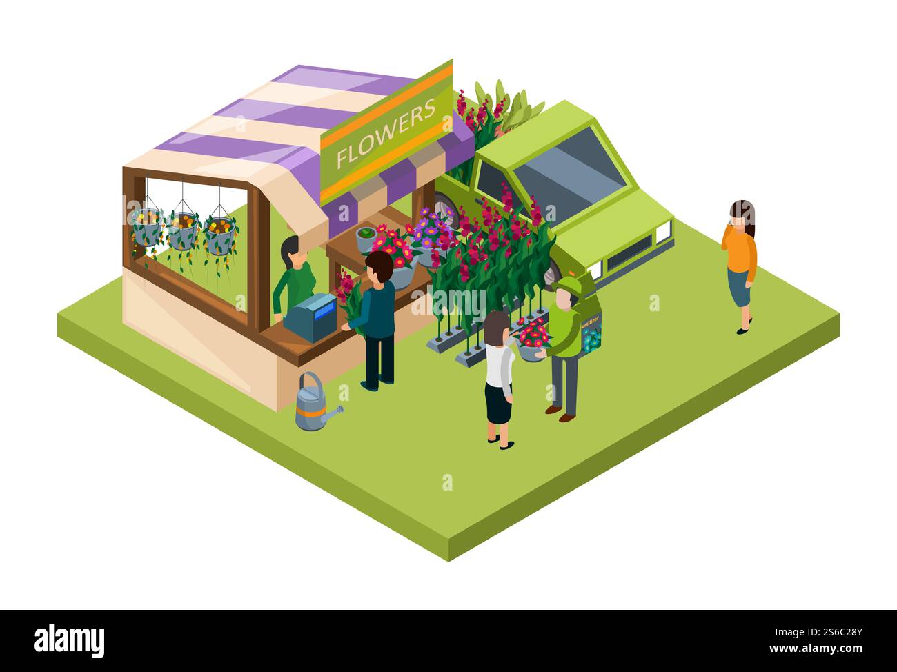 Das isometrische Vektorkonzept des Blumenmarktes. Verkauf von Blumen und Düngemitteln 3D-Illustration. Blumengeschäft am Verkaufsstand, Blumenservice. Das isometrische Vektorkonzept des Blumenmarktes. Verkauf von Blumen und Düngemitteln 3D-Illustration Stock Vektor