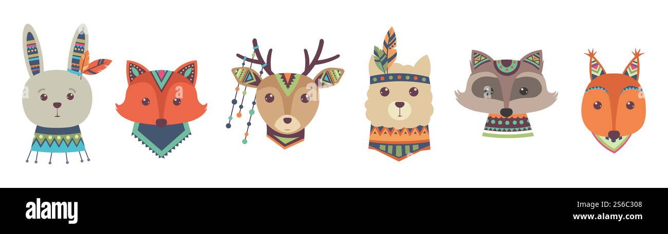 Niedlicher Stammes Tier Gesichter Vektor isoliert auf weißem Hintergrund. Tierstamm Gesicht Fuchs und Hirsche, Waschbär und Kaninchen Illustration. Niedlicher Stammes Tier Gesichter Vektor isoliert auf weißem Hintergrund Stock Vektor