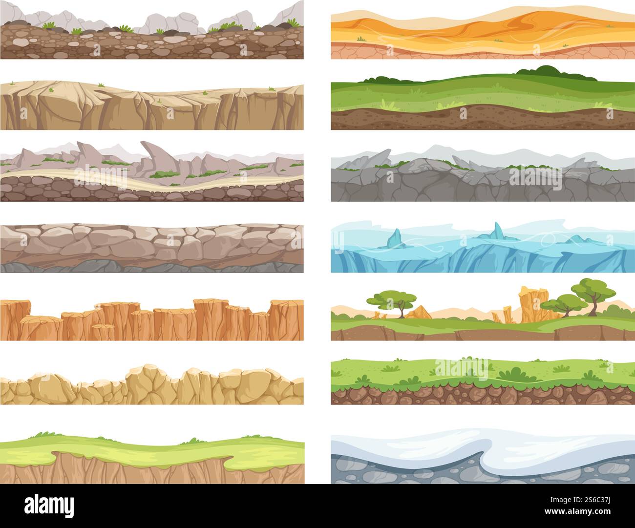 Spiel nahtlos. Cartoon Rock Dirt Landschaft Stein Boden Asset 2D Boden Vektor Hintergrund. Spiel nahtlose Boden und Gras, Schnee-Oberfläche Illustration. Spiel nahtlos. Cartoon Rock Dirt Landschaft Stein Boden Asset 2D Boden Vektor Hintergrund Stock Vektor