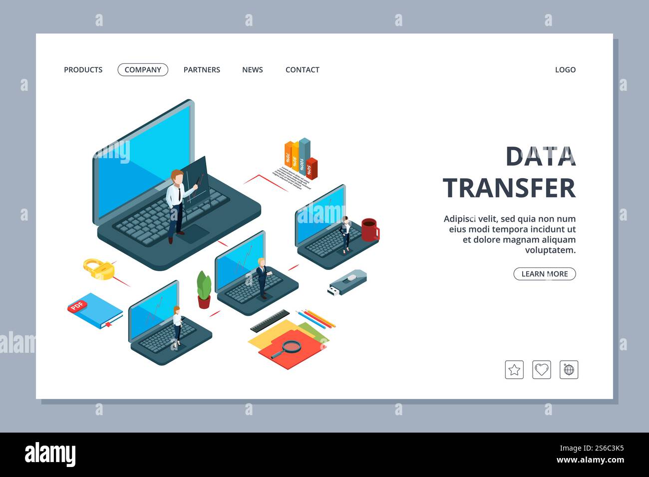 Landing-Page für Datenübertragung. Webseite zur Übertragung von isometrischen Informationen. Geschäftsteam, lokales Netzwerk. Datenübertragungsdaten, Datenübertragungsinformationen für Rechenzentren in der Cloud. Landing-Page für Datenübertragung. Webseite zur Übertragung von isometrischen Informationen. Geschäftsteam, lokales Netzwerk Stock Vektor