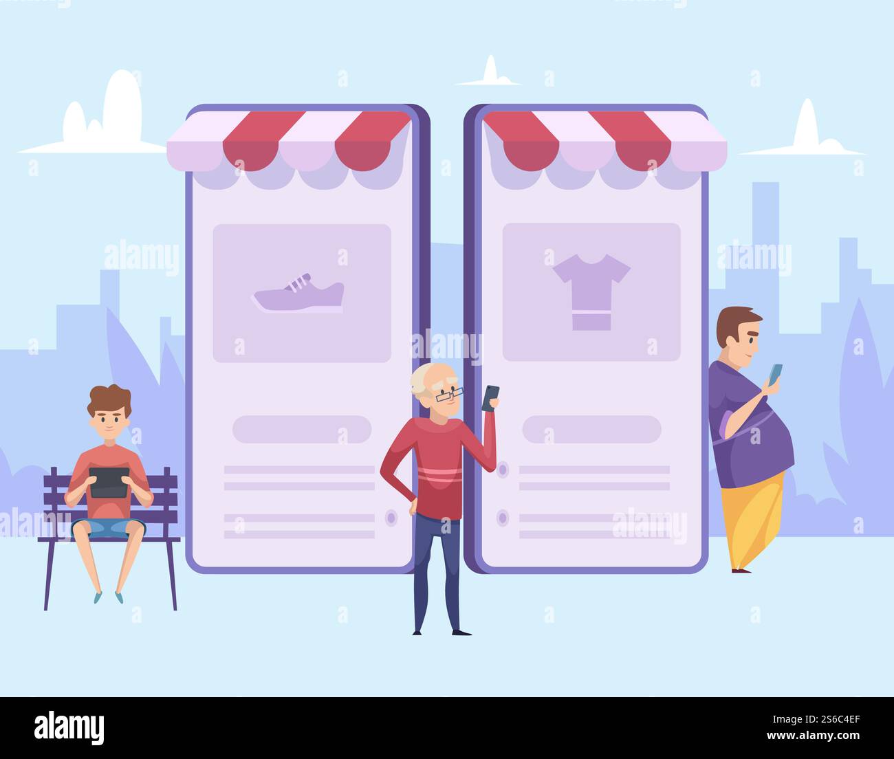 Männliche Einkäufe. Vektor-Illustration zum Online-Shopping. Cartoon-Männer mit Smartphones. Junge Comic-Personen, die einkaufen, verwenden ihr Smartphone. Männliche Einkäufe. Vektor-Illustration zum Online-Shopping. Cartoon-Männer mit Smartphones Stock Vektor