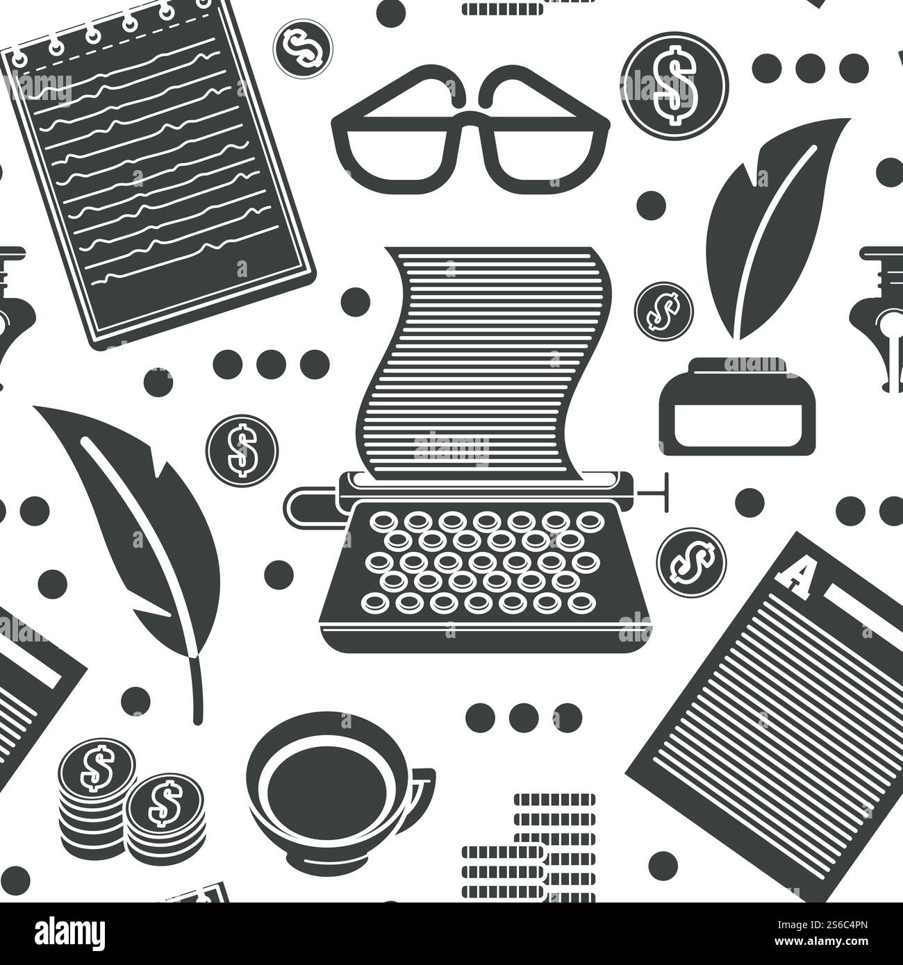 Copyright-Symbole, Schreibmaschine und Tintentopf mit Federn nahtlosem Muster isoliert auf weißem Hintergrund Vektor. Brille und Notizbuch mit Schriftzügen. Eine Tasse Kaffee und Geldmünzen im Stapel. Copyright-Symbole, Schreibmaschine und Tintenbehälter mit Federn Stock Vektor