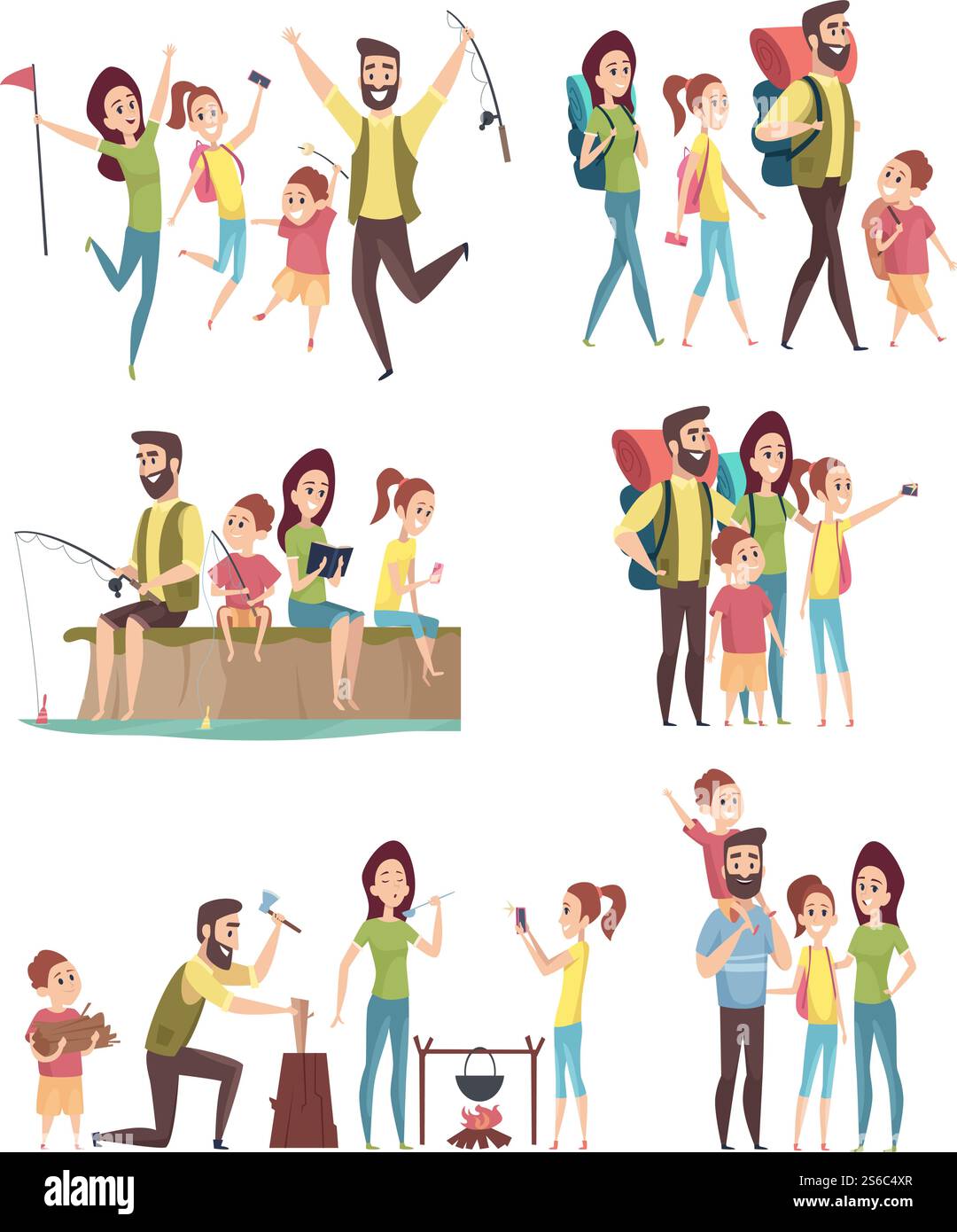 Familienwandern. Paare mit Kindern erkunden Reisende Touristen glückliches Abenteuer in den Bergen Camping Vektorfiguren. Abenteuertourismus Familie, Outdoor Picknick und Aktivität Trekking Illustration. Familienwandern. Paare mit Kindern erkunden Reisende Touristen glückliches Abenteuer in den Bergen Camping Vektorfiguren Stock Vektor