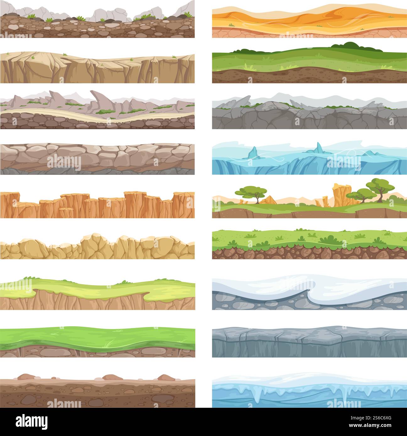 Spieletage. Asset Textur unterschiedlicher Boden von Steinen Eis Schmutz Landschaft nahtloser Vektor Hintergrund. Schnee und Erde im Vordergrund für die Illustration des Spiels. Spieletage. Asset Textur unterschiedlicher Boden von Steinen Eis Schmutz Landschaft nahtloser Vektor Hintergrund Stock Vektor