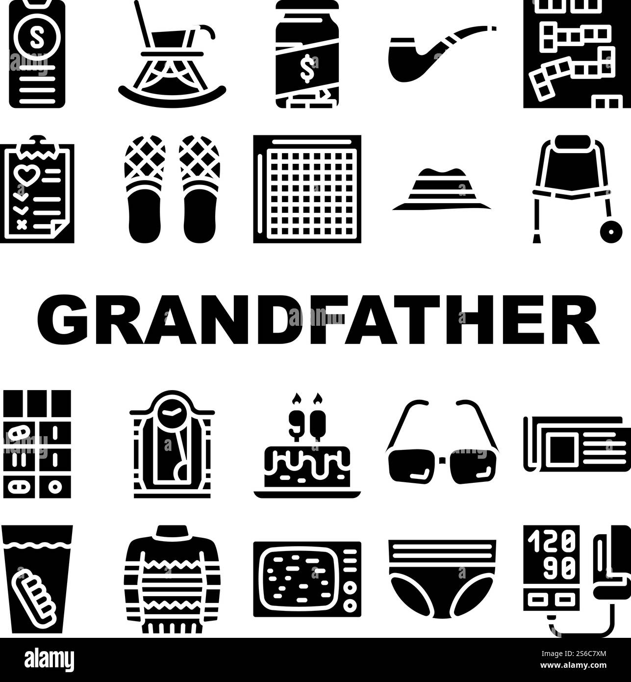 Großvater Zubehör Sammlung Symbole Set Vektor. Großvater Brille Und Tv, False Jaw In Cup Und Pullover, Zeitung Und Hut, Domino Und Bingo Glyph Piktogramme Schwarze Illustrationen. Großvater Zubehör Sammlung Symbole Set Vektor Stock Vektor