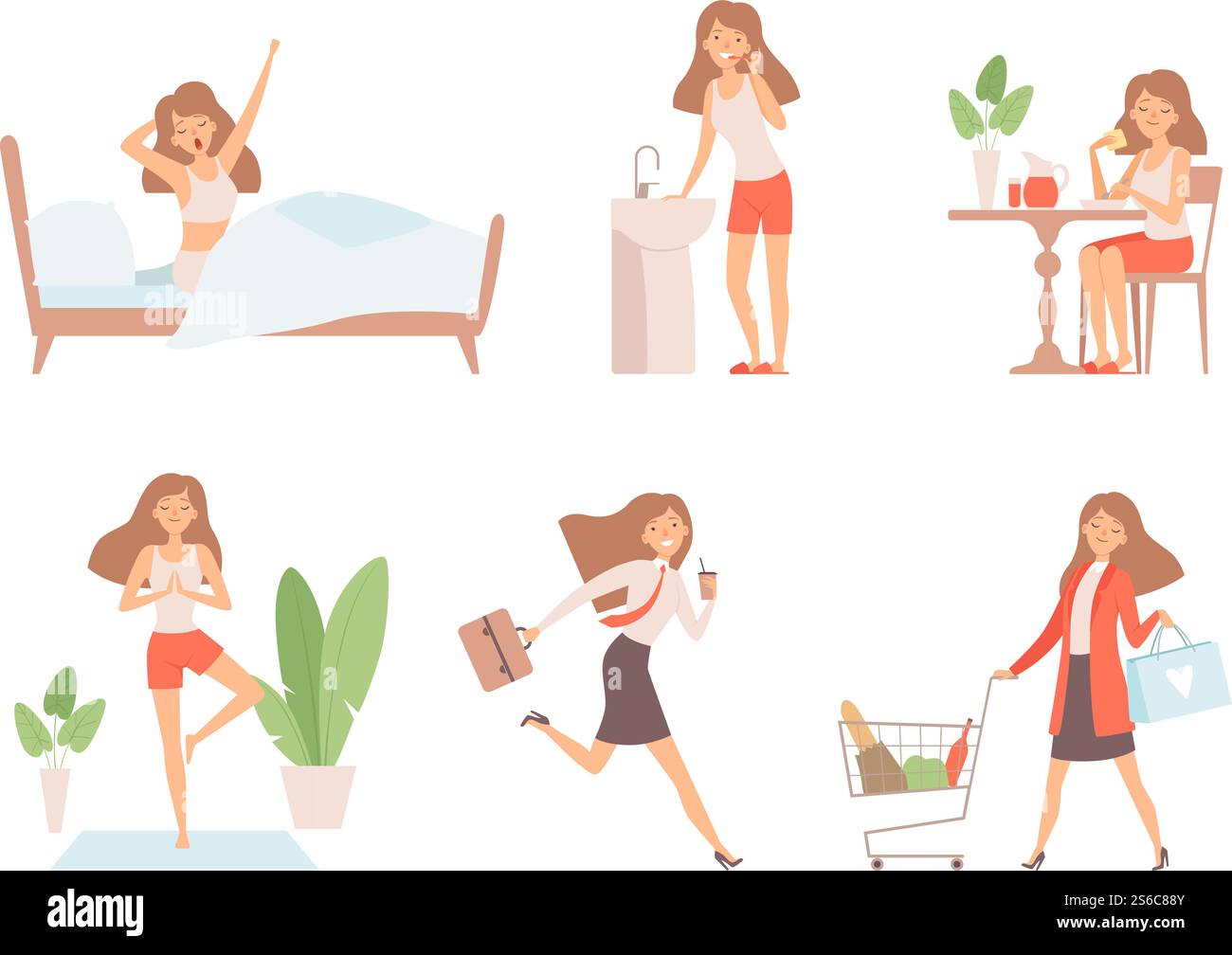 Die tägliche Routine der Frau. Geschäftsfrau Zeitmanagement Leben jeden Tag verarbeiten arbeitende Mutter Vektor Zeichentrickfiguren. Illustration von Alltag, Arbeitstag und Yoga. Die tägliche Routine der Frau. Geschäftsfrau Zeitmanagement Leben jeden Tag verarbeiten arbeitende Mutter Vektor Zeichentrickfiguren Stock Vektor