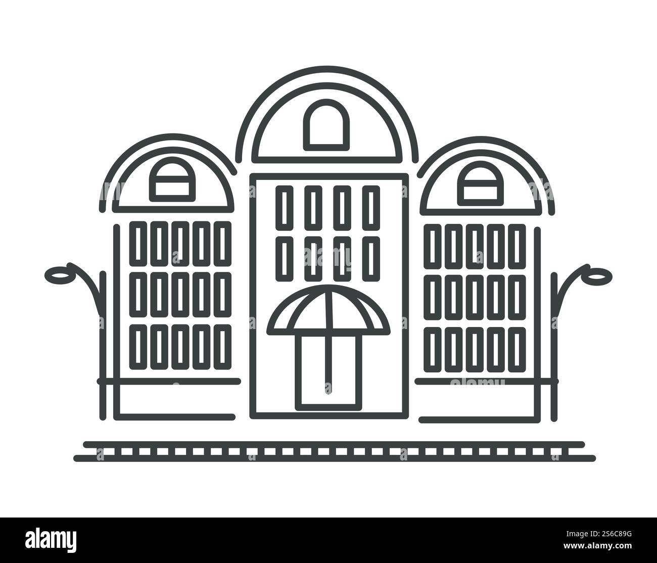 Apartment-Gebäude mit Geschäft im Erdgeschoss isolierter linearer Icon-Vektor. Immobilien im Stadtzentrum, Mietwohnungen, mehrstöckige Bauten. Stadtarchitektur, Innenstadthaus und Geschäft umrissen Symbol. Städtische Architektur, Apartmentgebäude mit Geschäft im Erdgeschoss, isolierte Ikone Stock Vektor