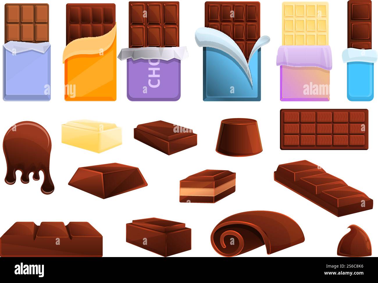 Schokoladensymbole Set. Zeichentricksatz von Schokoladen-Vektor-Icons für Web-Design. Schokoladen-Ikonen-Set, Cartoon-Stil Stock Vektor