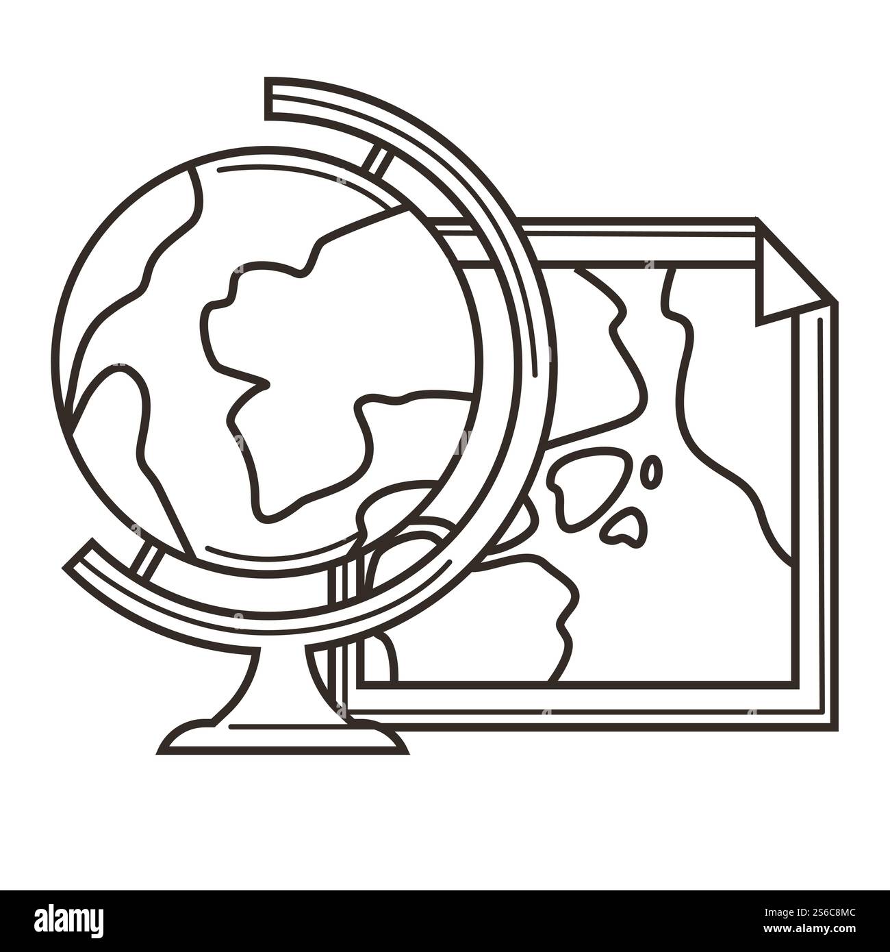 Erdkugel und Weltkarte, Planet mit Kontinenten isolierten Umrissobjekten Vektor. Länder und Hauptstädte, nationale Grenzen, Bildung und Wissen. Geographie-Klasse Ausrüstung, Ozeane und Land. Weltkarte und Globus, Erdplaneten Kontinente und Ozeane, Geographie Stock Vektor