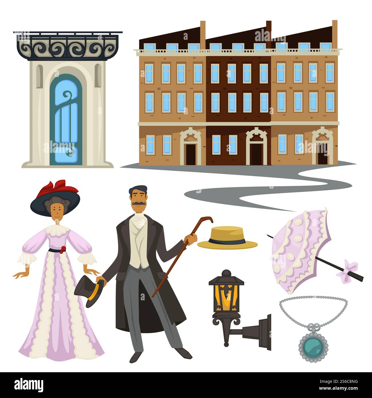 Retro-Mode-Stil und -Architektur, Symbole der 1900er Jahre, Kleidung und Accessoires Vektor. Tür und Gebäude, Sonnenschirm oder Sonnenschirm. Strohhut und alte Laterne, Mann im Anzug mit Stock und Frau im Kleid. Symbole der 1900er Jahre, Mann und Frau, Retro-Mode und -Architektur Stock Vektor