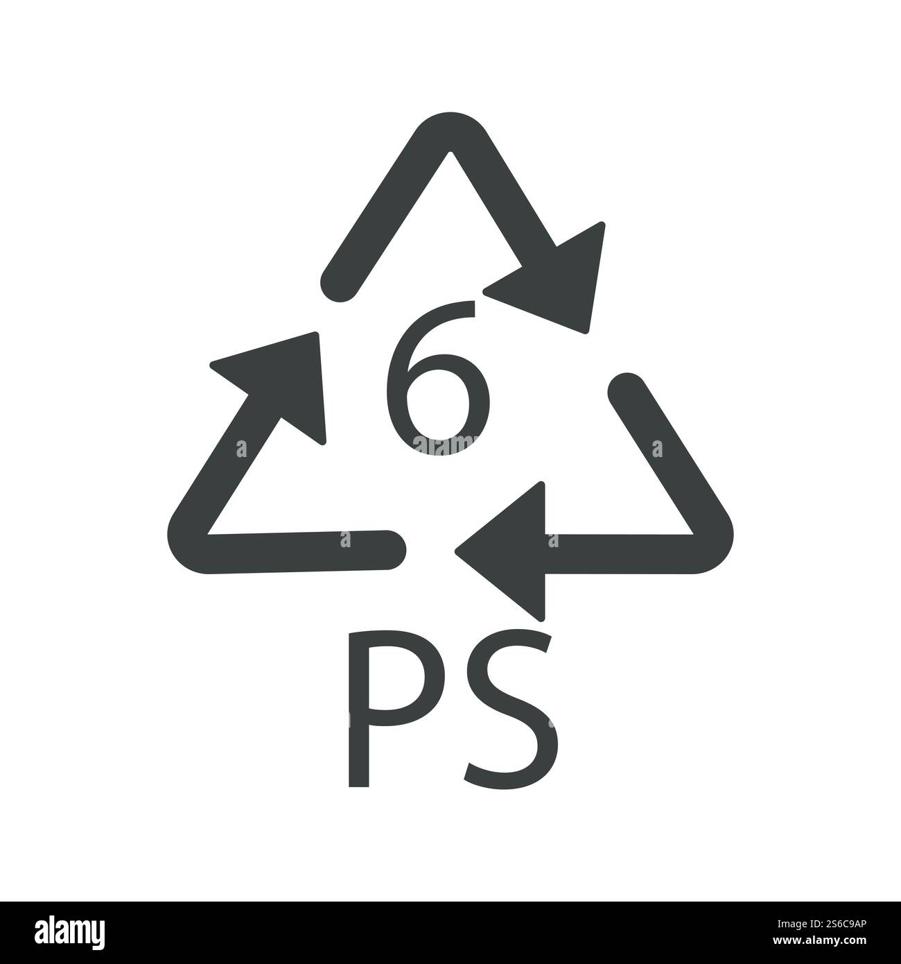 Kunststoff Recycling Symbol PS 6, Recycling Pfeil Dreieck, sechs Typ Logo, recycelbare Materialien isoliert Symbol Vektor. Harz-Identifikationscode, Polystyrol. Umweltzeichen, Umweltschutz. PS 6 Recycling-Symbol aus Kunststoff, Dreieck mit Recycling-Pfeil, isoliertes Symbol Stock Vektor