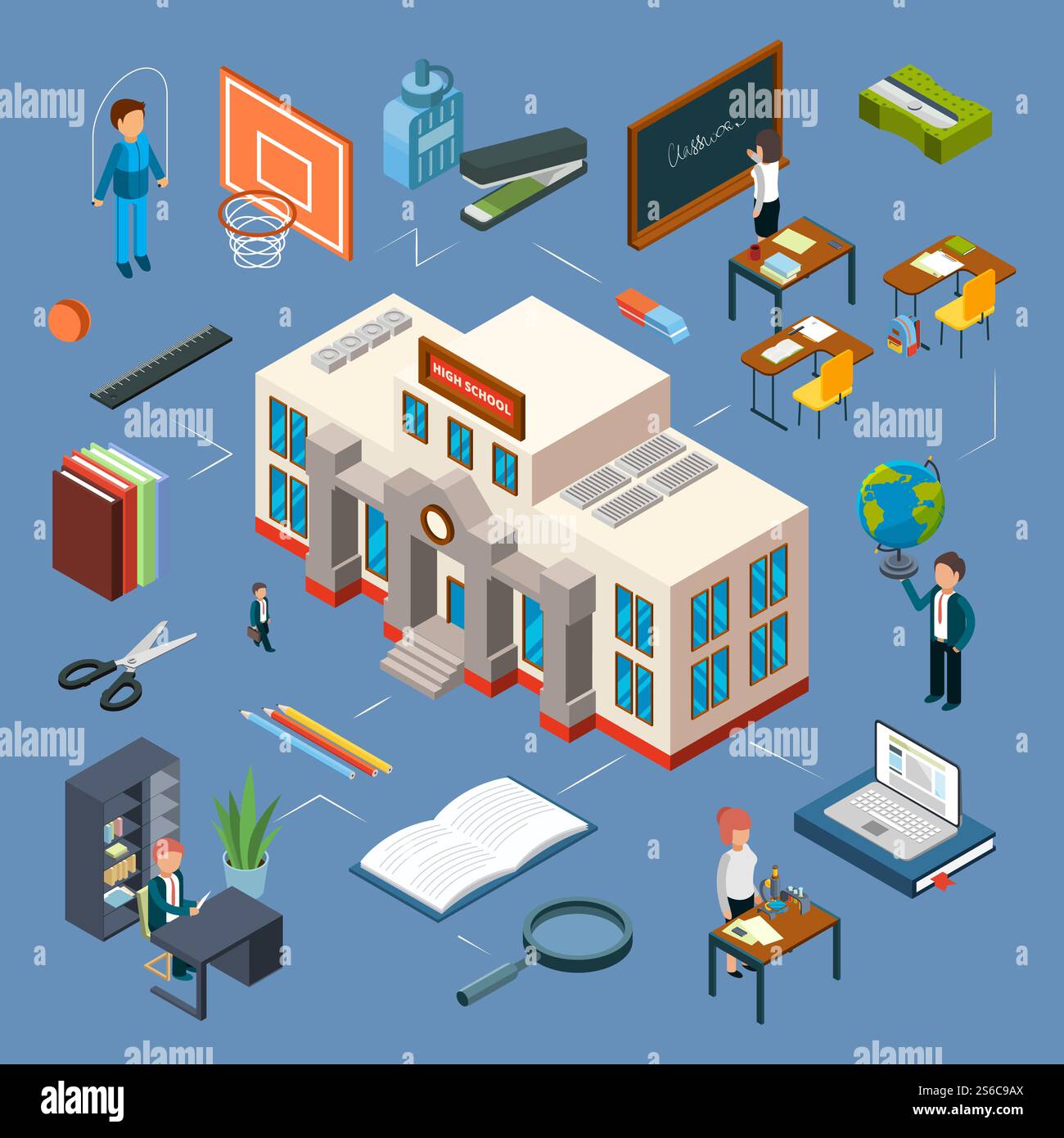 Illustration isometrischer Vektorvektoren der High School. 3D-Schulgebäude, Klassenzimmer, Lehrer, Bücher, Schreibwaren. Schulgebäude und Elemente, Schreibtisch und Lehrbuch, Tafel und Globus. Illustration isometrischer Vektorvektoren der High School. 3D-Schulgebäude, Klassenzimmer, Lehrer, Bücher, Schreibwaren Stock Vektor