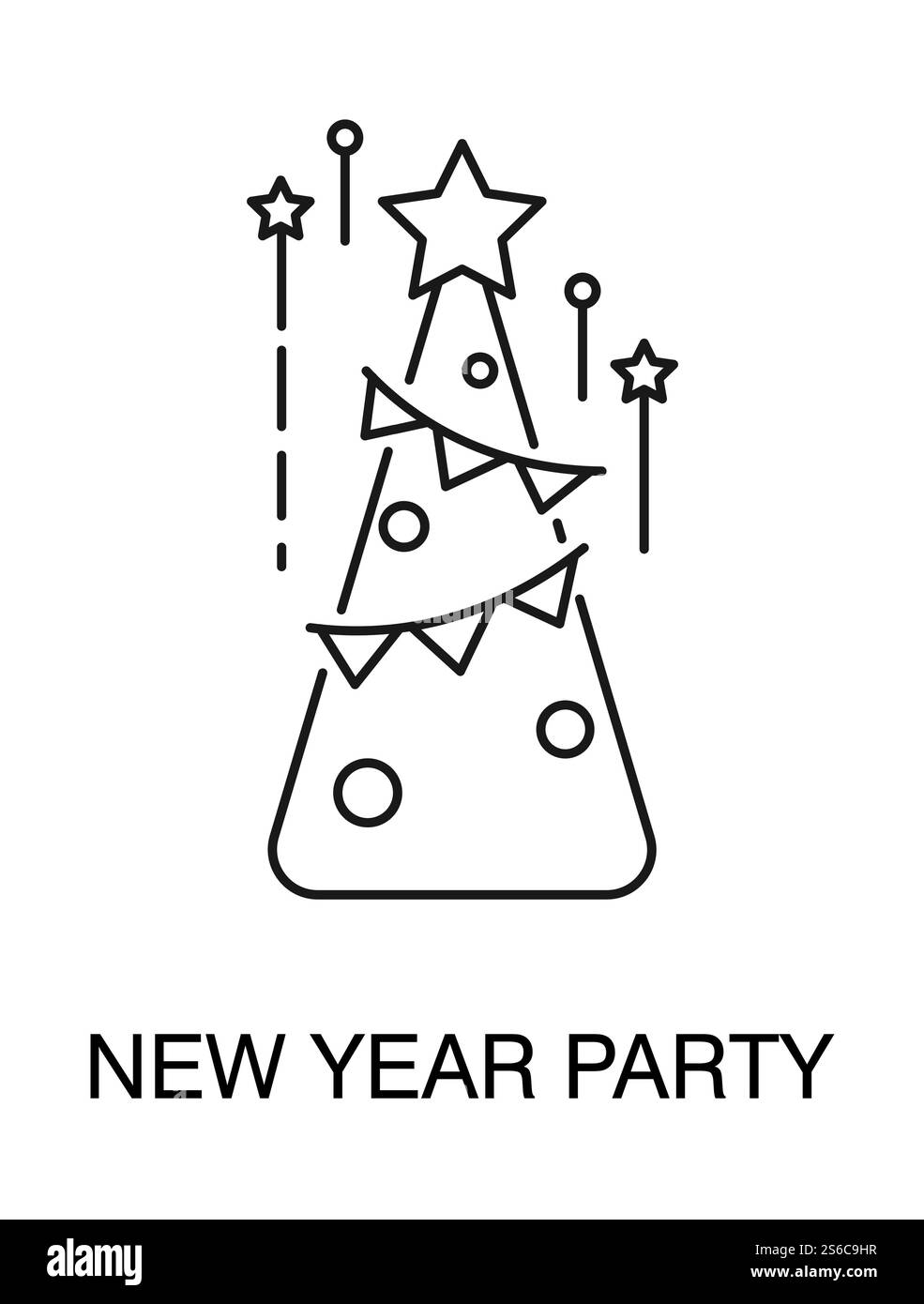 Dekorierter Weihnachtsbaum isolierte Umrisssymbole Vektor, Tanne oder Fichte. Silvesterparty traditionelles lineares Symbol, Girlande und Bälle mit Stern. Symbolische Pflanze, Winterfeiertage, Weihnachtsgrüße. Weihnachtsbaum-Symbol, Silvester-Party-Symbol Stock Vektor