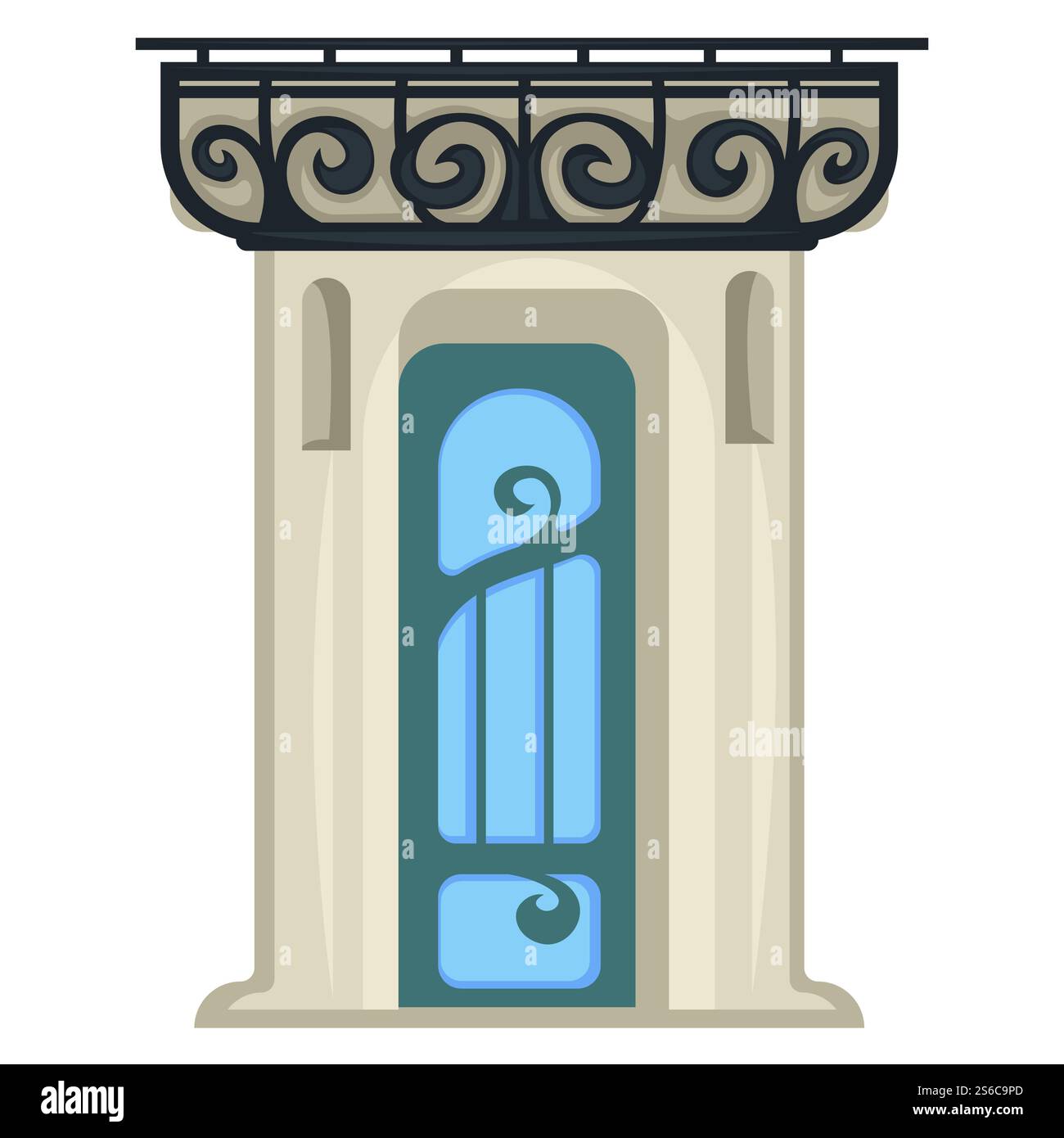 Vintage-Konstruktion, Eingangstür im Stil der 1900er Jahre, geschwungener Dekorvektor. Retro-Bauelement, antike Architektur. Marmorwände oder -Rahmen, Symbol aus alter Epoche, Metalleingang, architektonische Details. Eingangstür im Stil der 1900er Jahre, isolierte Eingangstür in Vintage-Bauweise im Rahmen Stock Vektor