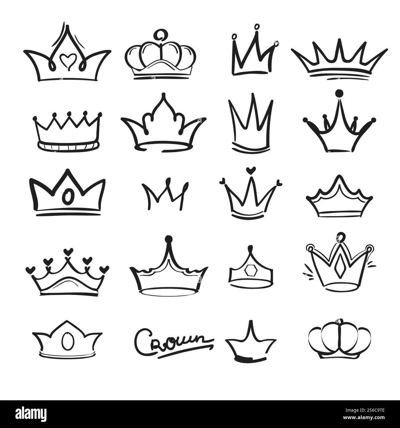 Kronenkritzeleien. König majestätischer kaiserlicher Monarch elegante Symbole in handgezeichnetem Vektorstil. Illustration der Krone König und Königin, majestätische kaiserliche Krone. Kronenkritzeleien. König majestätischer kaiserlicher Monarch elegante Symbole in handgezeichnetem Vektorstil Stock Vektor