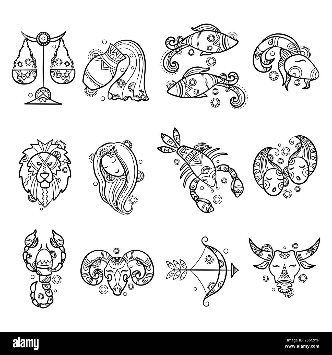 Sternzeichen. Astrologie Horoskop Zeichen Tätowierungen Löwenarie Fisch Krebs Vektor Grafiken. Illustration sagittarius und Arien, Stier und Löwe, wassermann und Krebs. Sternzeichen. Astrologie Horoskop Zeichen Tätowierungen Löwenarie Fisch Krebs Vektor Grafiken Stock Vektor