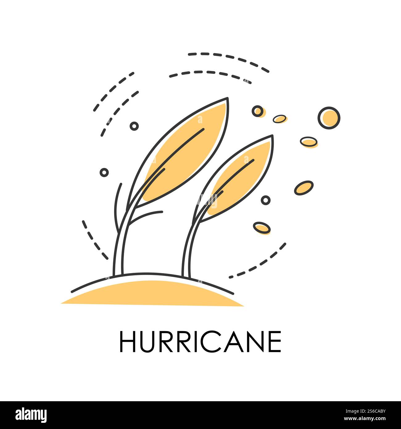 Hurrikan an der Küste, tropische Naturkatastrophen, Sturm und gebogene Bäume isolierte Ikonen Vektor. Ökologische Katastrophenwarnung, Umweltproblem. Verheerender Tornado auf dem Land, schlechtes Wetter. Naturkatastrophen, Hurrikan an der Küste, Windsturm, der Bäume verbiegt, isolierte Ikone Stock Vektor