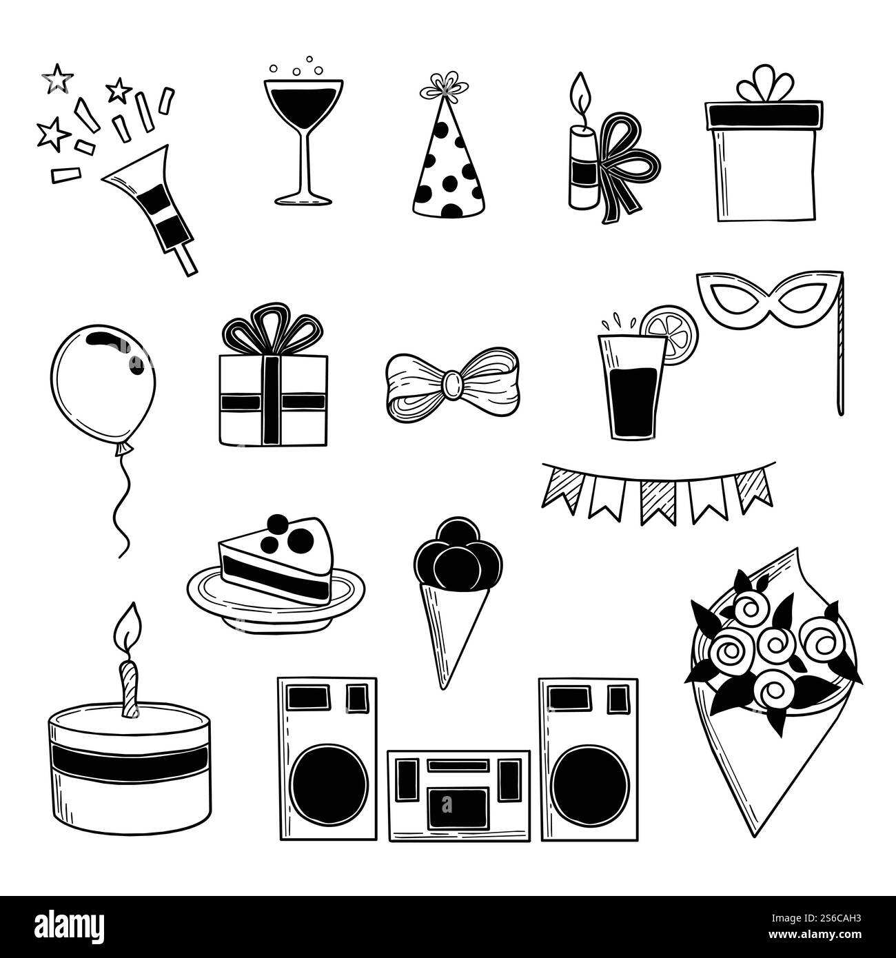 Partysymbole. Veranstaltungen Geburtstag feiern Symbole Süßigkeiten Hut Salute Kuchen Getränke Vektor Doodle Sammlung. Geburtstagsfeier mit Kuchen und Geschenk, Musik und Getränk. Partysymbole. Veranstaltungen Geburtstag feiern Symbole Süßigkeiten Hut Salute Kuchen Getränke Vektor Doodle Sammlung Stock Vektor