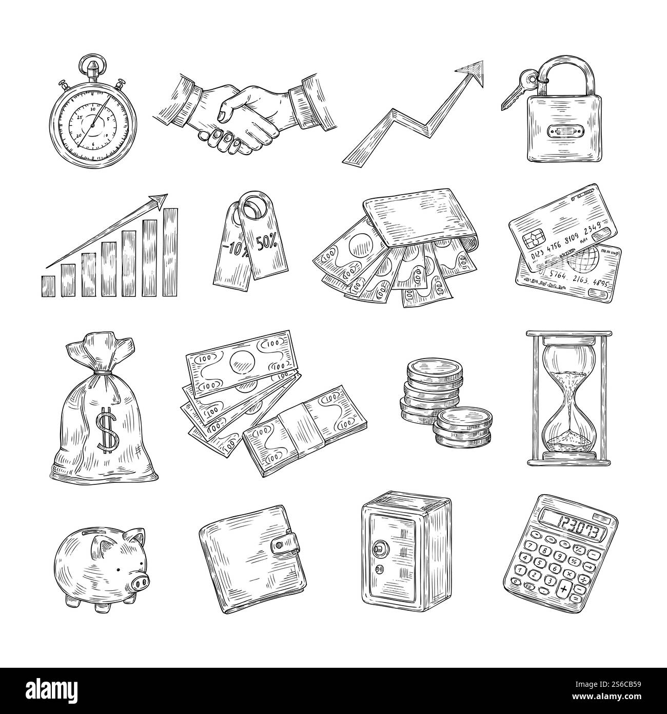 Geld skizzieren. Hand gezeichnete Münzstapel Schweinebank Kreditkarten Safe Dollar Vintage Banking Business Finance Vektor Kritzelikonen. Illustration von Gelddollar, sicheres Bargeld in Schweinebank. Geld skizzieren. Hand gezeichnete Münzstapel Schweinebank Kreditkarten Safe Dollar Vintage Banking Business Finance Vektor Kritzelikonen Stock Vektor