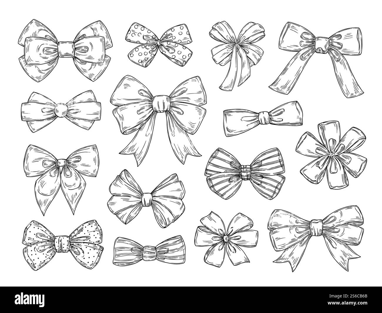 Handgezeichnete Schleife. Mode Krawatte Schleifen Accessoires Sketch Kritzeleien gebundene Bänder. Isoliertes Vintage-Vektorset. Handgezeichneter Klassiker, weißer schwarzer Satin, Seidenillustration mit Bowtie. Handgezeichnete Schleife. Mode Krawatte Schleifen Accessoires Sketch Kritzeleien gebundene Bänder. Isoliertes Vintage-Vektorset Stock Vektor