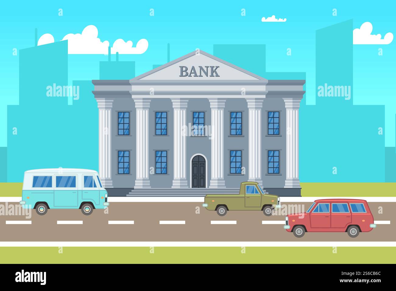 Stadtlandschaft mit Bankgebäude, Autos, Skylines Silhouetten Vektorillustration. Gebäude Stadtansicht, Architekturbank, städtische Stadt. Stadtlandschaft mit Bankgebäude, Autos, Skylines Silhouetten Vektorillustration Stock Vektor