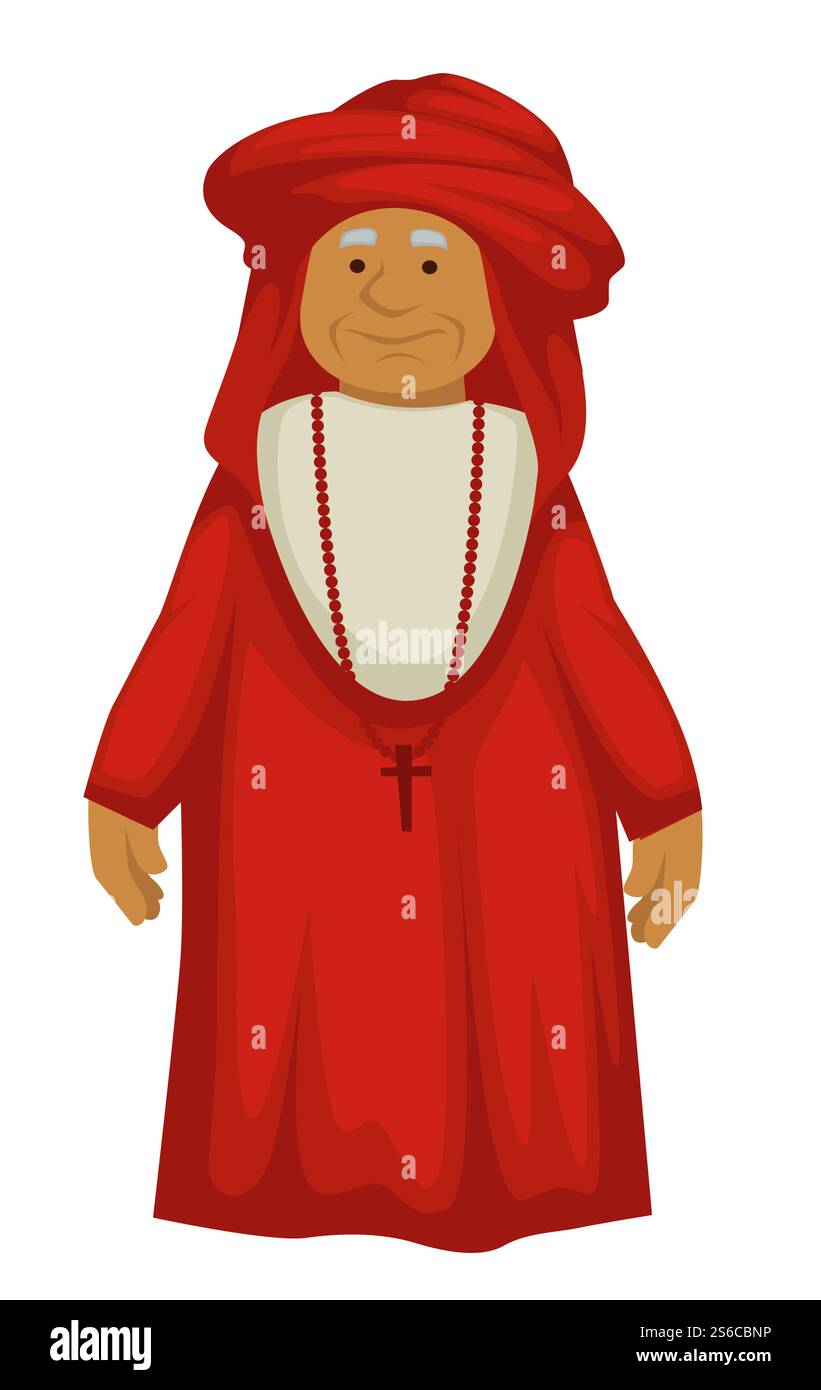 Priester oder Geistlicher aus der Renaissance, alter Papst in rotem Gewand isolierter männlicher Charaktervektor. Katholische Religion, heiliger Diener mit Kreuz, Geschichte und Kultur. Glaube und glaube, Kirchendiener. Alter Papst, Renaissance-Priester oder Geistlicher, katholische Religion Stock Vektor
