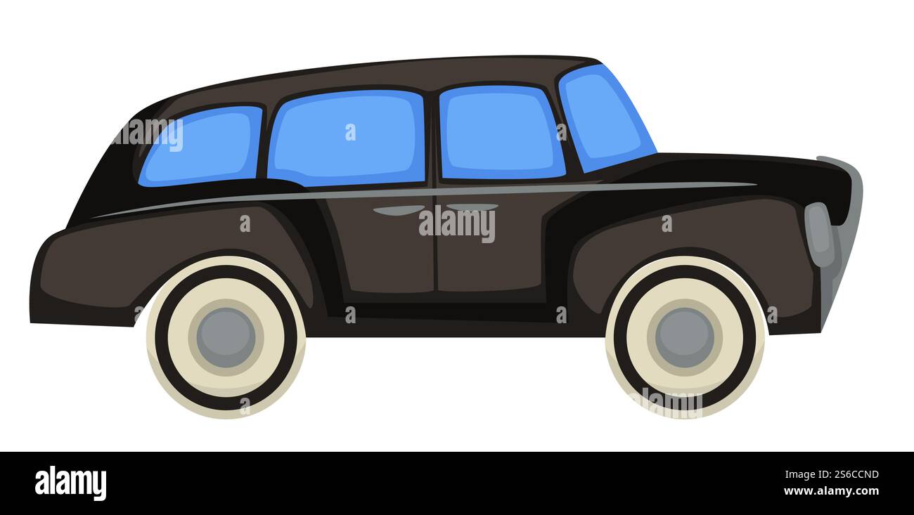 Oldtimer, Retro-Fahrzeug der 40er, 1940er Jahre Transport isolierter Modellvektor. Transport- und Automobilindustrie, historisches Symbol des Motorwagens. Klassische Seltenheit, mechanisches System und schwarzer Korpus. Auto aus den 1940er Jahren, Oldtimer, Autogeschichte isolierter Transport Stock Vektor