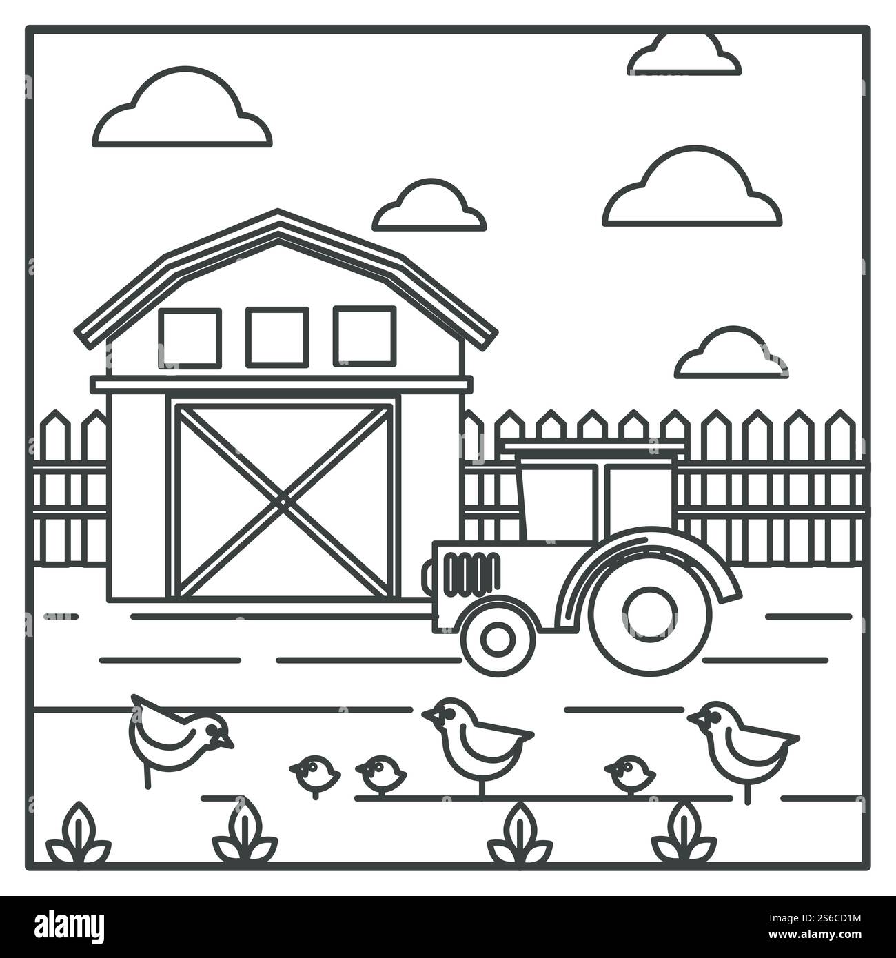 Bauernhof und Landwirtschaft, ländliche Landschaft mit alter Scheune und Wiese, Traktor und Hühner mit Hühnervektor. Geflügel oder Hausvögel, Nutztiere. Ackerland und Erntemaschine, Dorfhaus, auf dem Land. Ländliche Landschaft, Scheune und Traktor, Hühner mit Huhn, Ackerland Stock Vektor