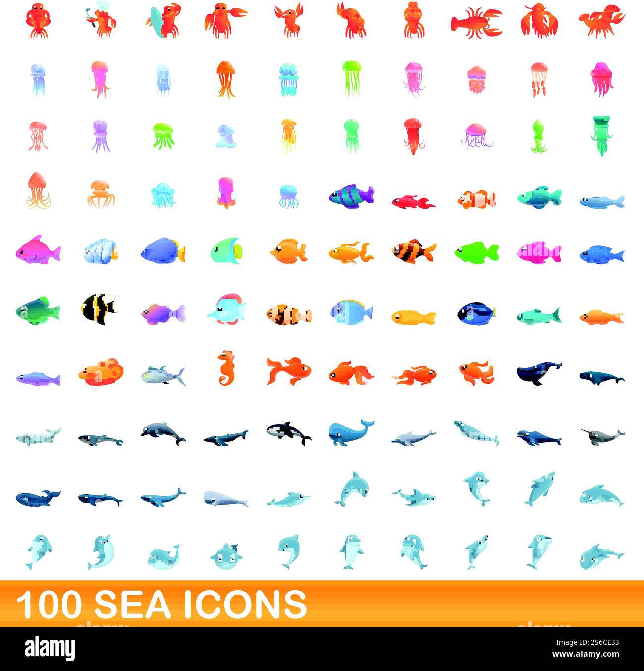 100 SEA-Symbole gesetzt. Zeichentrickillustration von 100 Meer-Ikonen Vektor-Set isoliert auf weißem Hintergrund. 100 Ikonen im Meer, Cartoon-Stil Stock Vektor