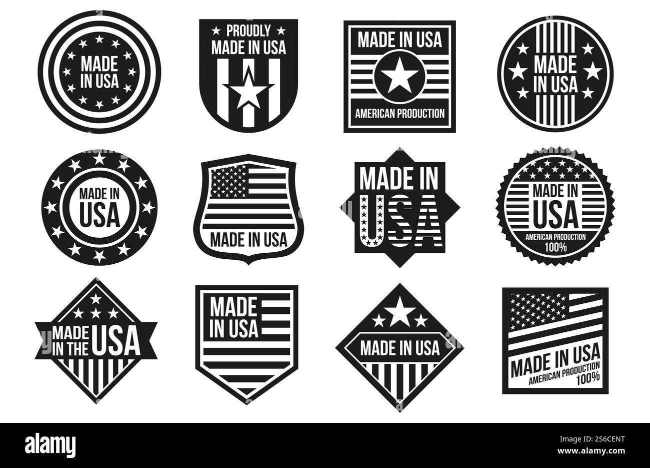 Schwarz-weiß Made in USA Abzeichen, Banner und Etiketten Vektor isoliert auf weißem Hintergrund. USA-Emblem, Illustration zur Herstellung der amerikanischen Produktindustrie. Schwarz-weiß Made in USA Abzeichen, Banner und Etiketten Vektor isoliert auf weißem Hintergrund Stock Vektor