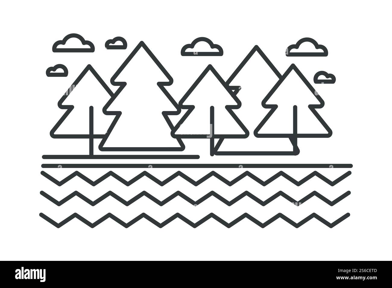 Landschaft Fluss oder See und Bäume, wilde Wald Umrissvektor. Wilde Natur, Wolken im Himmel und Fichten oder Tannen, Blick auf die Landschaft oder Szene. Reise- und Sommerabenteuer, Vororte lineare Zeichnung. Fluss oder See und Bäume, Landschaft und wilde Wälder skizzieren Stock Vektor