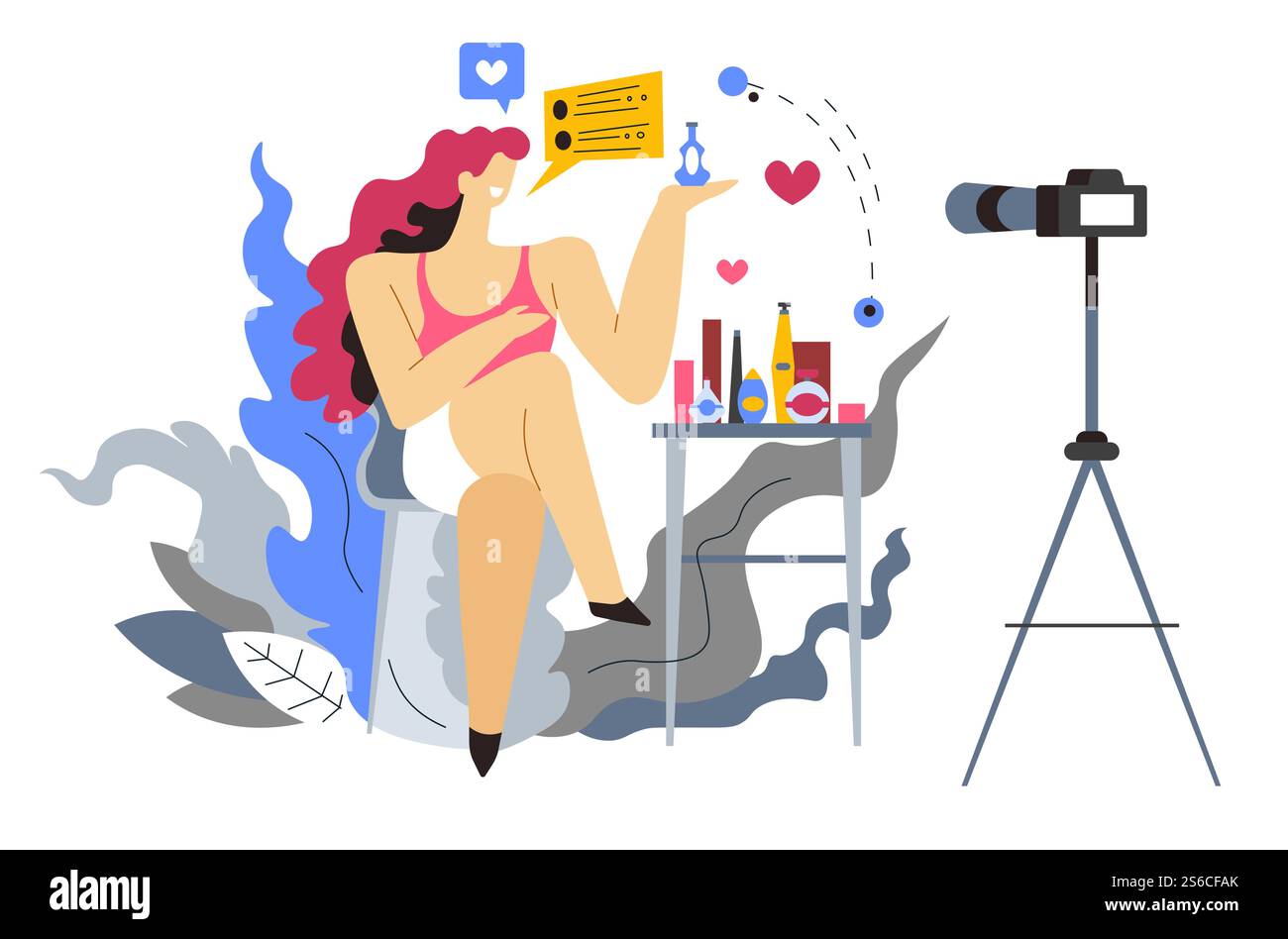 Beauty-Blogger oder Make-up-Künstler, Internet-Beruf, Mädchen und Kosmetik Vektor. Frau zeigt Parfums, Gels und Shampoo auf Videokamera, Vlog. Web-Blogging, Online-Massenmedien, Friseur. Make-up-Künstler oder Stylistin, Internet-Beauty-Blogger, Mädchen und Kosmetik Stock Vektor