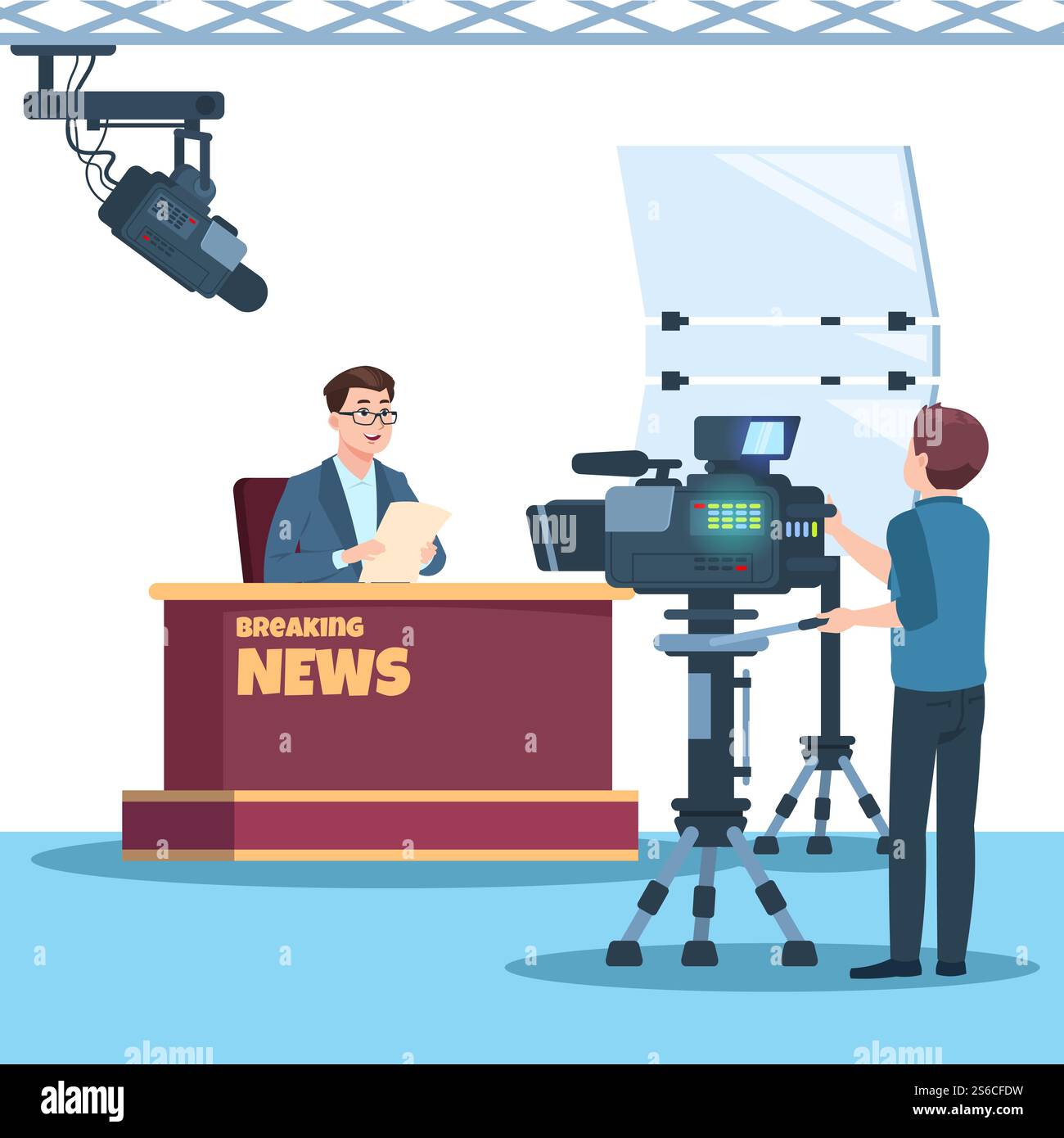 Das tv-fernsehstudio ist in den Nachrichten. Ankermann, Kameramann, Spotlights und Vektorillustration der Kamera. TV-Studio-Show, TV-Reportage, Korrespondent und Journalismus. Das tv-fernsehstudio ist in den Nachrichten. Ankermann, Kameramann, Spotlights und Vektorillustration der Kamera Stock Vektor