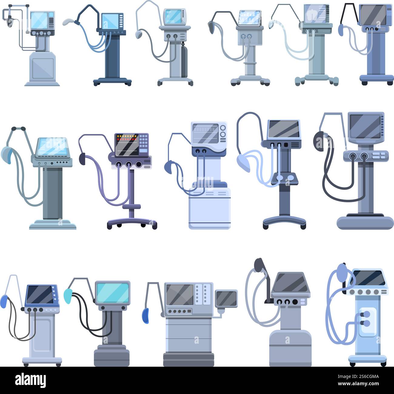 Beatmungsgerät für medizinische Geräte-Symbole eingestellt. Zeichentricksatz von Ventilator Medical Machine Vektor-Icons für Web-Design. Ventilator Medical Machine Icons Set, Cartoon Stil Stock Vektor