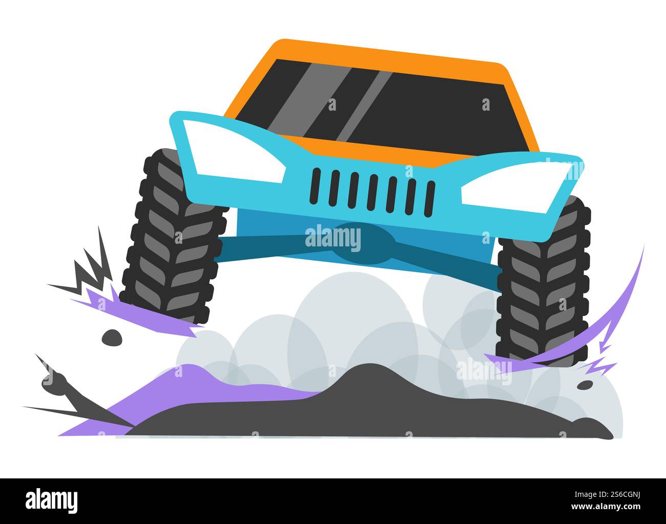 Großer Truck im Rallyeturnier mit Dreck und Becher unter Rädern Vektor. Großes Fahrzeug, das am Wettkampf über Geschwindigkeit teilnimmt. Automobil, das an Sportveranstaltungen teilnimmt. Lkw-Transport, flache Frontansicht. Großer Truck in Rallye mit Dreck und Becher unter Rädern Stock Vektor