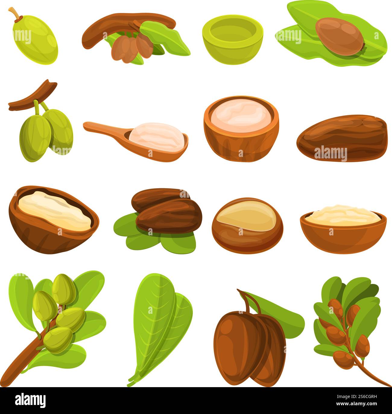 Shea-Baum-Symbole festgelegt. Zeichentricksatz von Shea-Baum-Vektor-Icons für Web-Design. Shea-Baum-Symbole gesetzt, Cartoon-Stil Stock Vektor