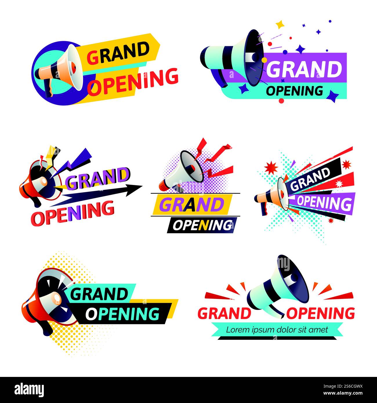 Beginn oder Beginn der Zeremonie, große Eröffnung isolierter Icon Vektor. Event-Feier und Gratulation, Megaphon und Konfetti. Lautsprecher oder Bullhorn, Schneideband Ritual, Werbung und Werbung. Open Ceremony oder Grand Opening Isolated Icon, Event Feier Stock Vektor