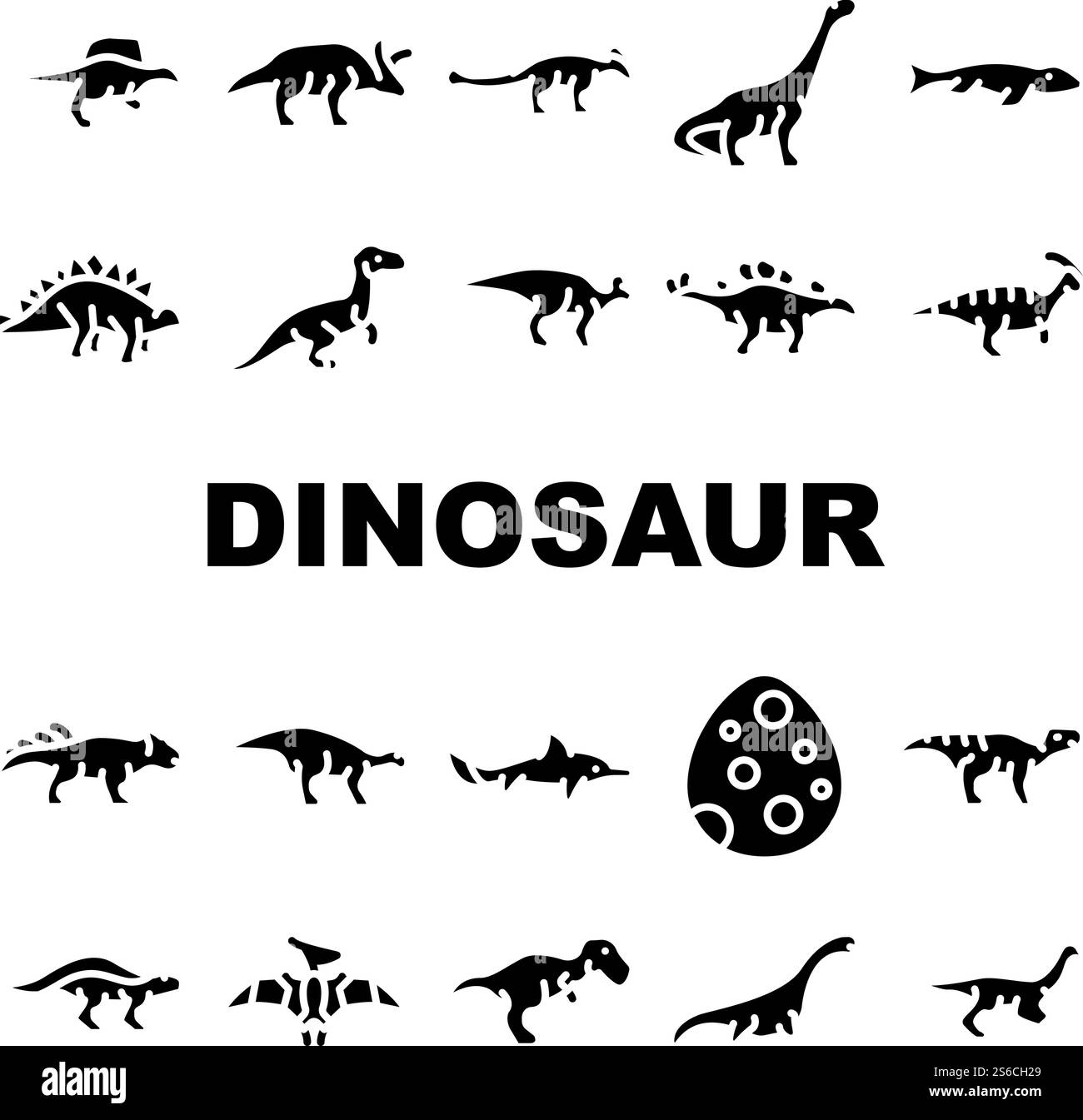 Dinosaurier Wild Animal Collection Icons Set Vektor. Spinosaurus Und Arrhinoceratops, Ankylosaurus Und Mosasaurus Prähistorischer Dinosaurier Glyph Piktogramme Schwarze Illustrationen. Dinosaurier Wild Animal Collection Icons Set Vektor Stock Vektor