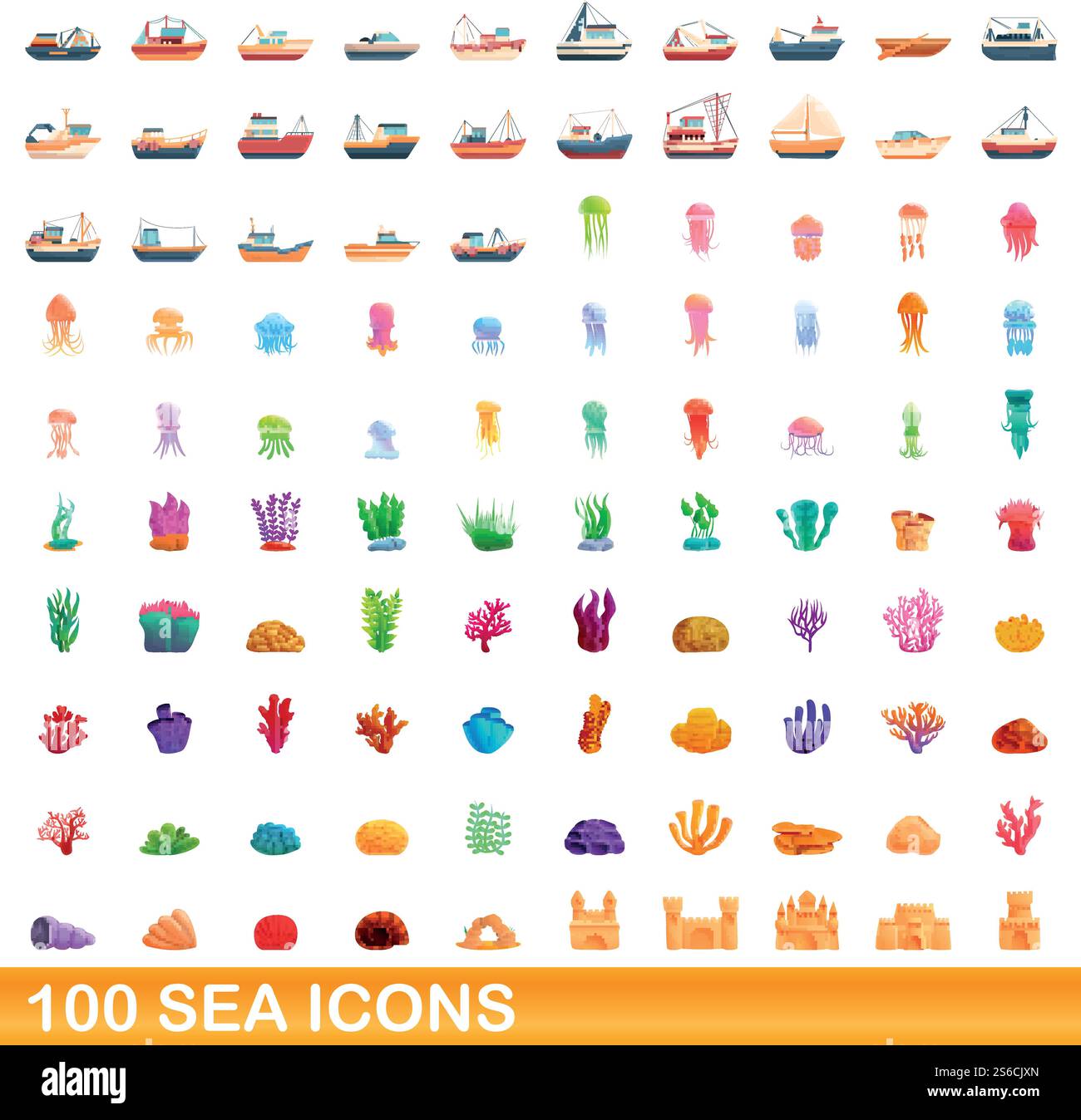 100 SEA-Symbole gesetzt. Zeichentrickillustration von 100 Meer-Ikonen Vektor-Set isoliert auf weißem Hintergrund. 100 Ikonen im Meer, Cartoon-Stil Stock Vektor