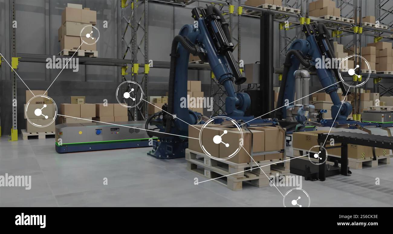 Abbildung des Netzwerks von Verbindungen mit Symbolen über Maschinen, die im Lager arbeiten Stockfoto