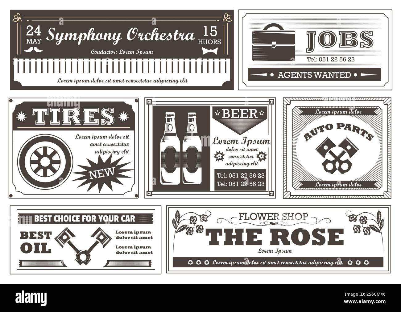 Retro-Zeitungswerbung, Vintage-Anzeigen-Vektor. Musikkonzert und freie Stelle, Autoreparatur und Bier Pub, Autoteile und Ölwechsel, Blumenladen. Show und Service, Garage und Blumenstrauß. Werbung in Retro-Zeitungen, Vintage-Services-Werbeflyer Stock Vektor