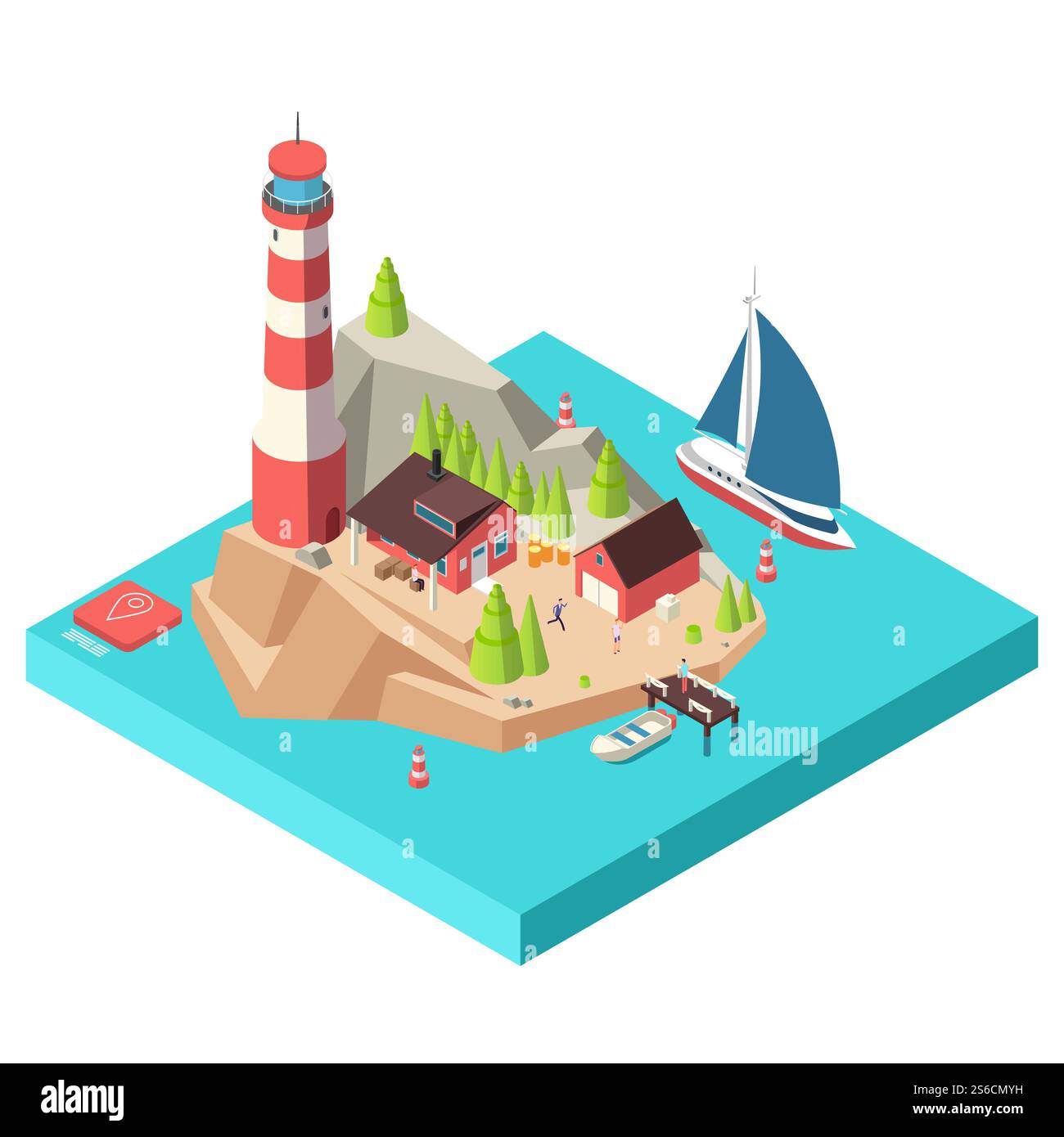 Isometrischer Leuchtturm. Insel mit Turm und Haus, Bäumen und Boot am Meer und Menschen isometrische Vektor-Illustration. Leuchtturmnavigation, Inselküste und Gebäudesuchscheinwerfer. Isometrischer Leuchtturm. Insel mit Turm und Haus, Bäumen und Boot am Meer und Menschen isometrische Vektor-Illustration Stock Vektor